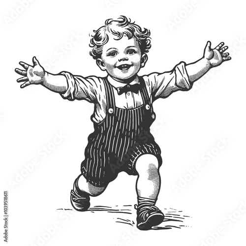 joyful young boy in classic attire running with open arms, capturing a sense of innocence, happiness, and excitement sketch engraving generative ai vector illustration. Black and white image.