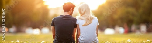 A couple is sitting on a grassy field, enjoying the sunset. The man is wearing a black shirt and the woman is wearing a white shirt. The scene is peaceful and romantic