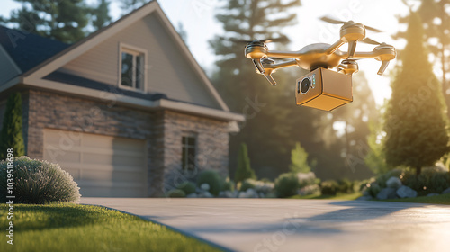 Drone Delivery to Suburban Home at Sunset