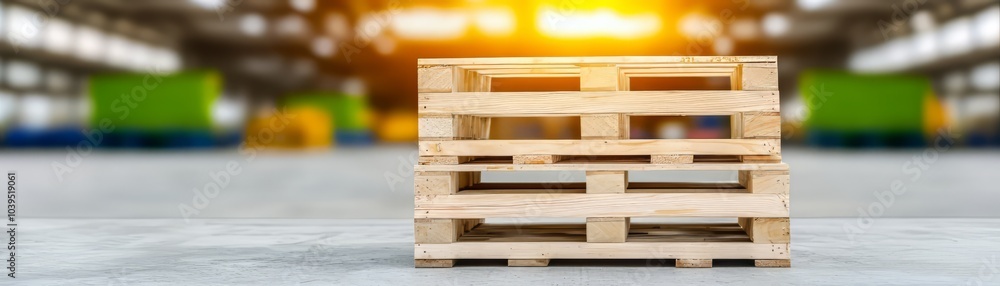 Wooden pallet on warehouse floor with bright light in the background. Wooden pallet on warehouse floor with bright light in the background.