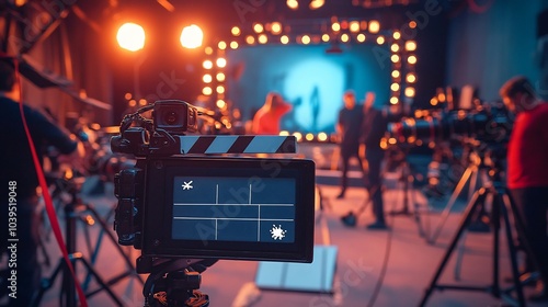 Behind the scenes of a movie or television show production, with multiple cameras and crew members working on set. photo