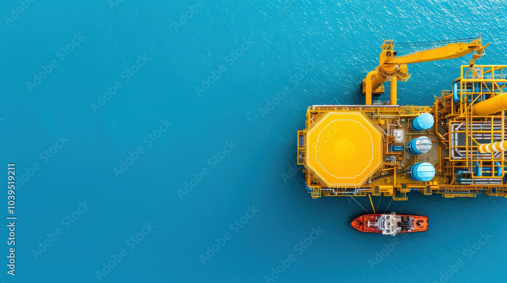 Aerial view of offshore oil rig surrounded by vibrant blue water, showcasing industrial structures and service boat nearby. scene captures essence of marine energy exploration Aerial view of offshore oil rig surrounded by vibrant blue water, showcasing industrial structures and service boat nearby. scene captures essence of marine energy exploration
