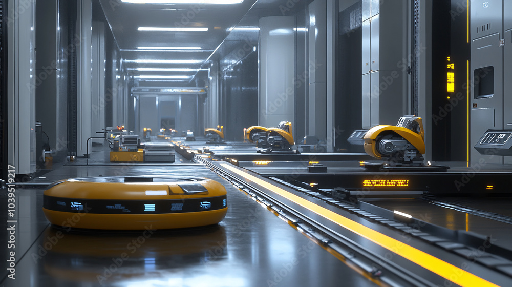 Futuristic Automated Warehouse with Robots and Conveyor Belts Futuristic Automated Warehouse with Robots and Conveyor Belts