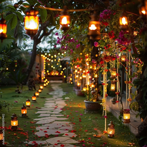 Peaceful Garden Area Decorated with Diwali Diyas, Hanging Lanterns, and Fresh Flowers for Outdoor photo