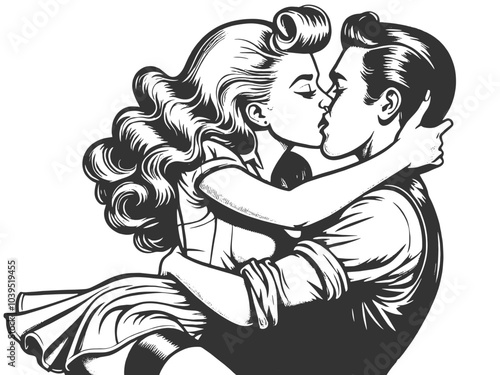 passionate kiss between a couple, classic romance and vintage love in black and white art sketch engraving generative ai vector illustration. Scratch board imitation. Black and white image.