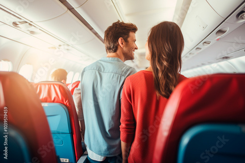 Excited tourists moving down the airplane aisle towards their dream destination photo