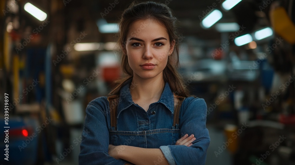 A woman in a blue shirt and denim jacket is standing in a dark room. She is looking directly at the camera with her arms crossed A woman in a blue shirt and denim jacket is standing in a dark room. She is looking directly at the camera with her arms crossed