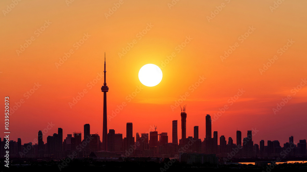 Obraz premium stunning sunset over city skyline, featuring tall buildings silhouetted against vibrant orange and yellow sky. scene captures beauty of urban life at dusk