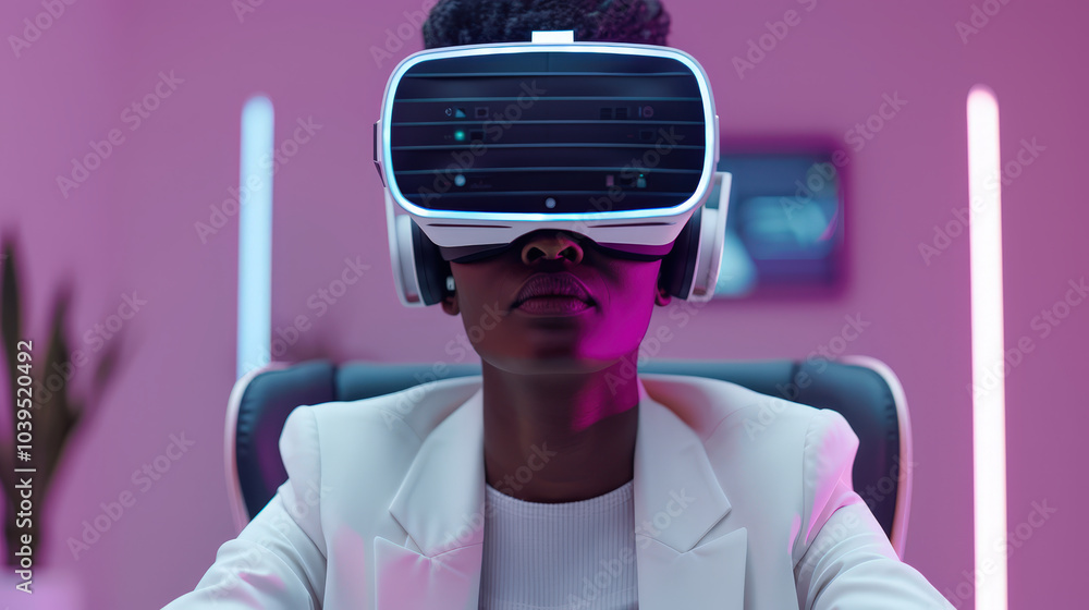 Immersed in virtual world, woman wears VR headset, showcasing intersection of technology and innovation. Her focused expression reflects excitement of digital exploration Immersed in virtual world, woman wears VR headset, showcasing intersection of technology and innovation. Her focused expression reflects excitement of digital exploration