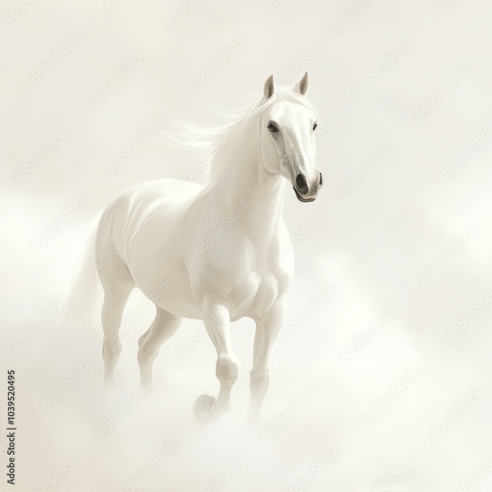 Obraz premium A majestic white horse gallops through a soft, ethereal cloud backdrop.