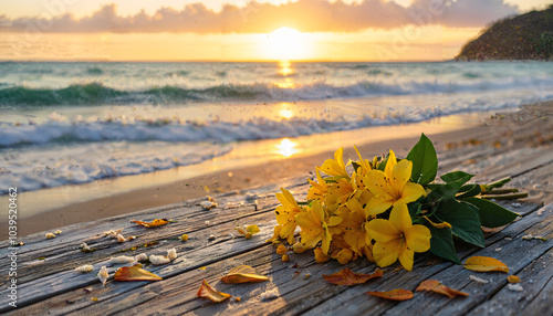 Soleil couchant sur un bouquet de plage photo