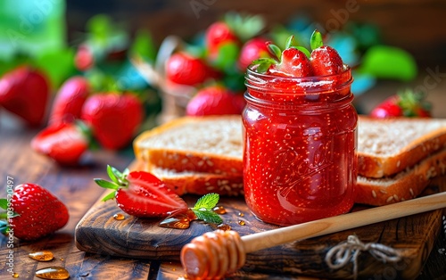 Strawberry jam, honey, bee hive, toast, gardens photo