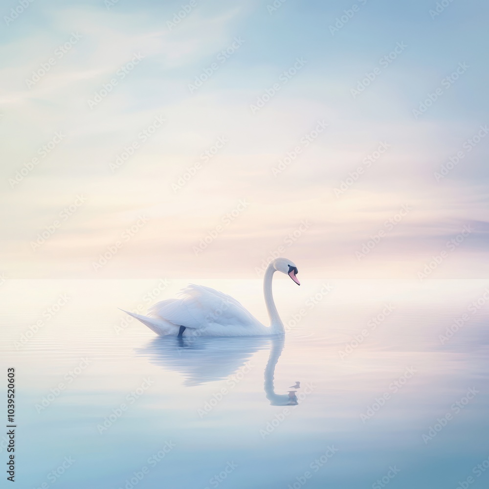 A serene swan glides gracefully across a calm, reflective water surface at dawn. A serene swan glides gracefully across a calm, reflective water surface at dawn.