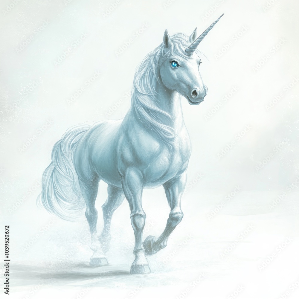 A majestic white unicorn with blue eyes stands gracefully in a snowy landscape. A majestic white unicorn with blue eyes stands gracefully in a snowy landscape.