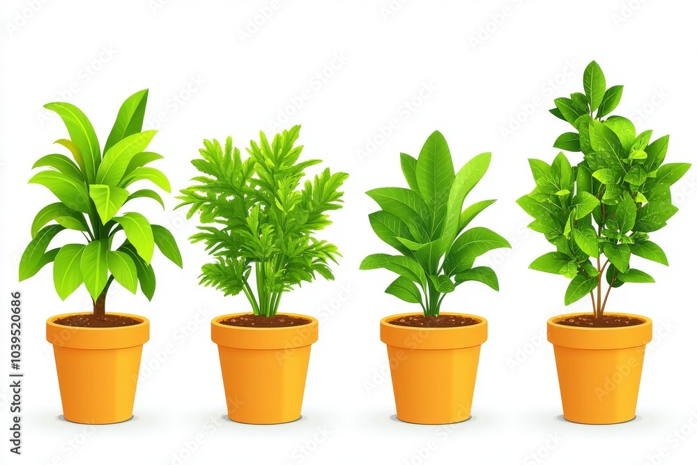 Fototapeta premium Collection of potted indoor plants in orange terracotta pots arranged in a neat row showcasing a variety of houseplants perfect for home decor and indoor gardening