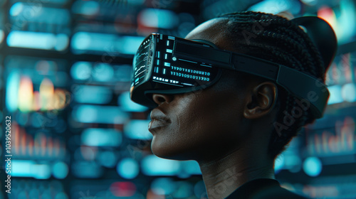 Immersed in advanced technology, woman experiences virtual reality through futuristic goggles, surrounded by digital interfaces and data displays