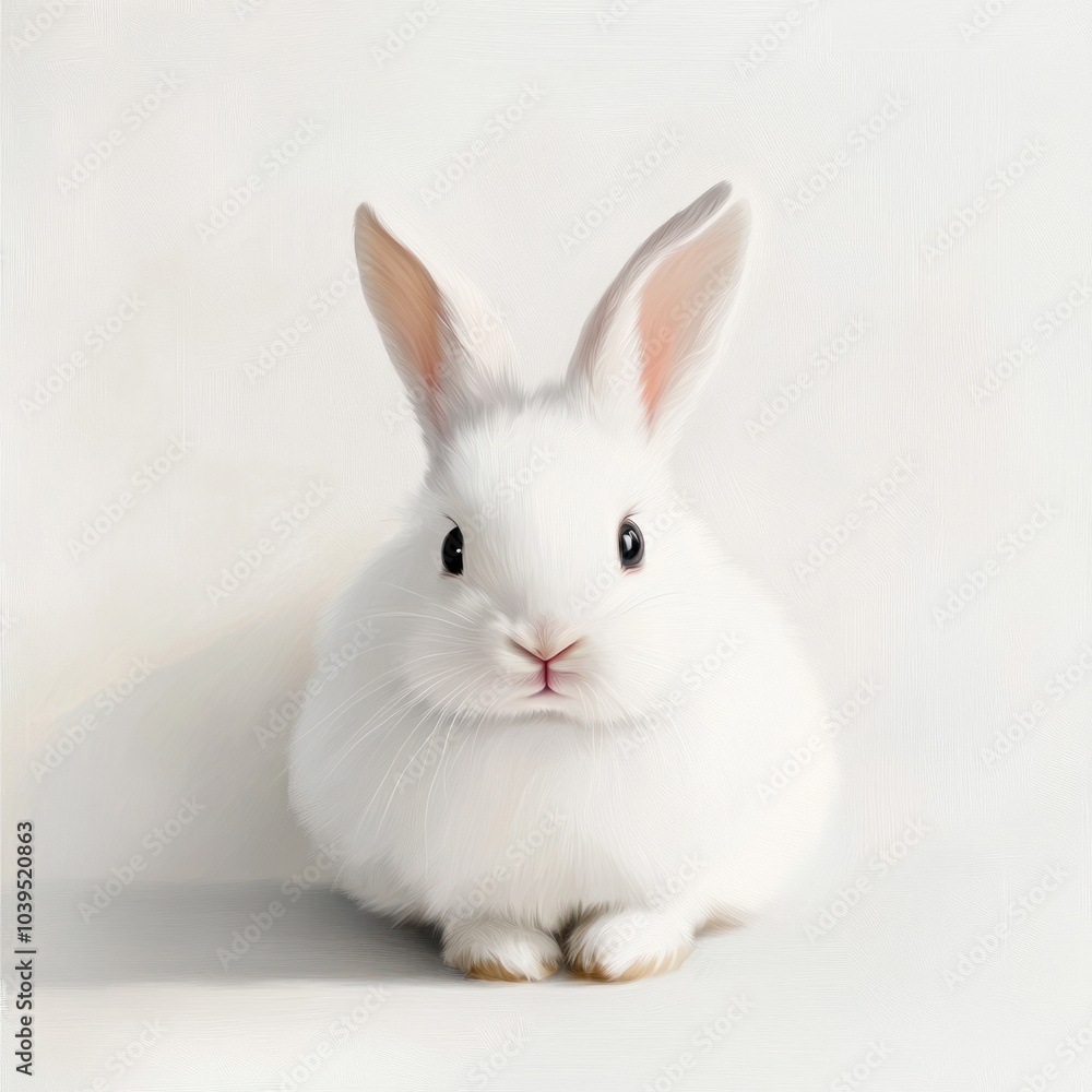 A fluffy white rabbit sitting calmly against a plain background. A fluffy white rabbit sitting calmly against a plain background.
