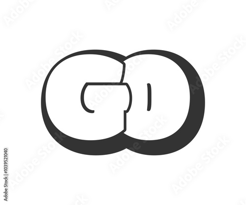 GO logo, bubble comic lettering, rounded in graffiti style black and white silhouette. Trendy preschool G and O letter text for festival party, personal initials, children funky print and web.