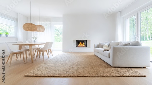 Cozy living room with fireplace and dining area
