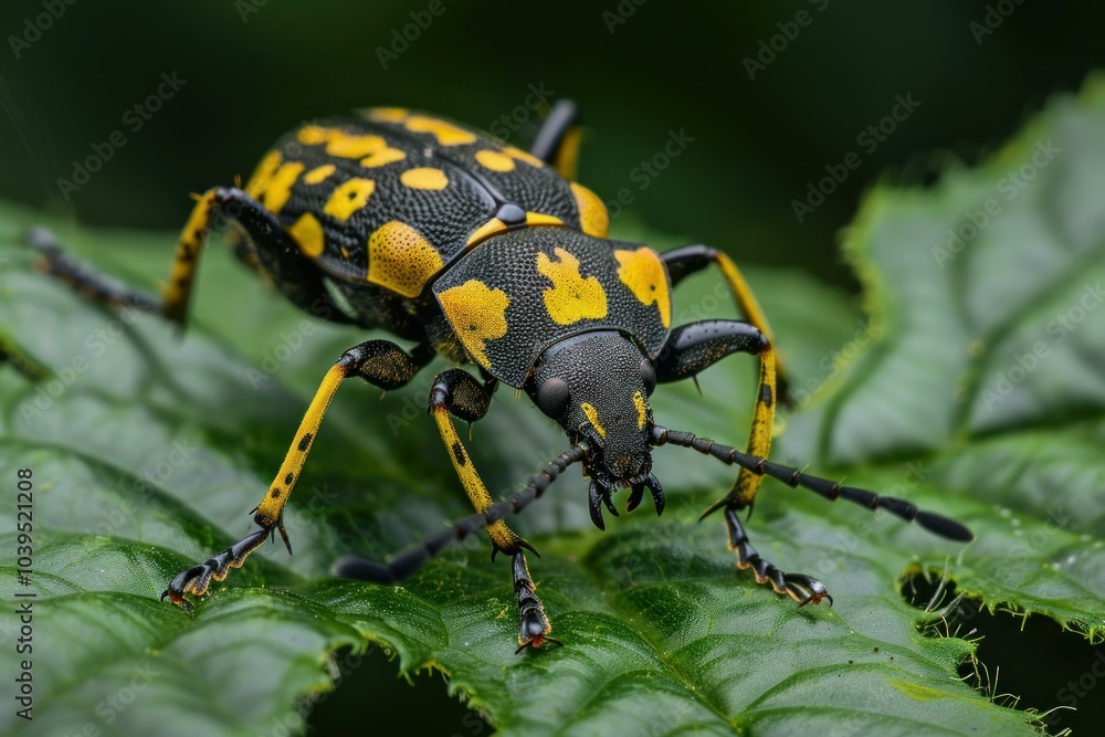 Naklejka premium Macro photo of a yellow and black bug standing on a green leaf, showcasing its intricate patterns and delicate features