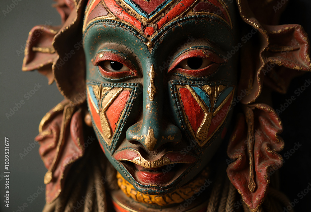 Close-up of a tribal African mask with bright colors and intricate details Close-up of a tribal African mask with bright colors and intricate details