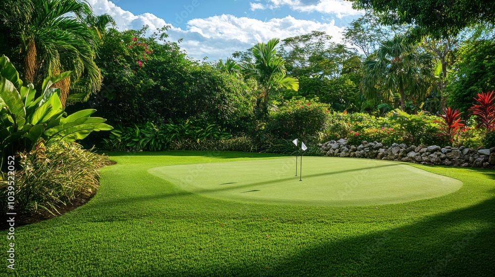 Obraz premium A serene golf putting green in a historic botanical garden, Golf clubs amidst exotic flora, Botanical elegance style