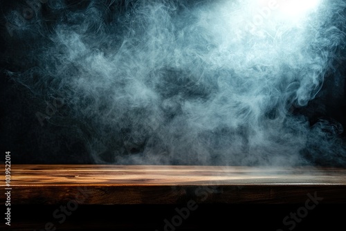 Dark background with a wooden table and smoke, with a spotlight