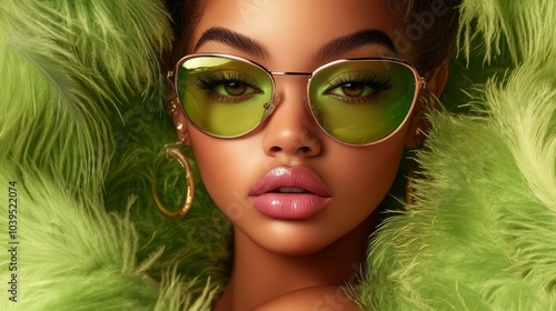  A tight shot of a woman with green eyeliner and golden-rimmed eyeglasses