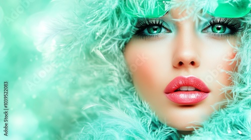 green feathers adorn her head, contrasting brightly against her skin, while a swipe of bold pink lipstick completes the look