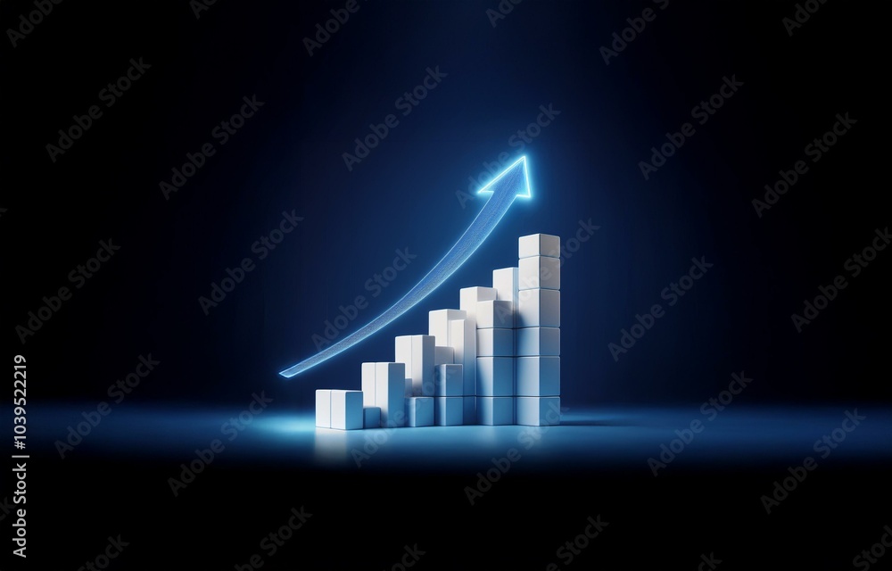A blue glowing arrow pointing upwards, rising above a white block bar chart. A blue glowing arrow pointing upwards, rising above a white block bar chart.