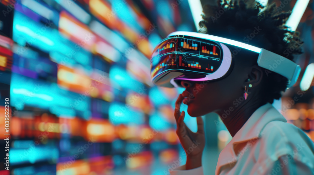 woman wearing virtual reality headset interacts with vibrant digital data, showcasing fusion of technology and creativity. Her expression reflects curiosity and engagement woman wearing virtual reality headset interacts with vibrant digital data, showcasing fusion of technology and creativity. Her expression reflects curiosity and engagement