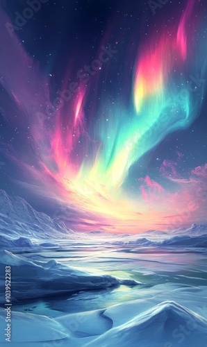 Frozen landscape under vibrant aurora borealis.