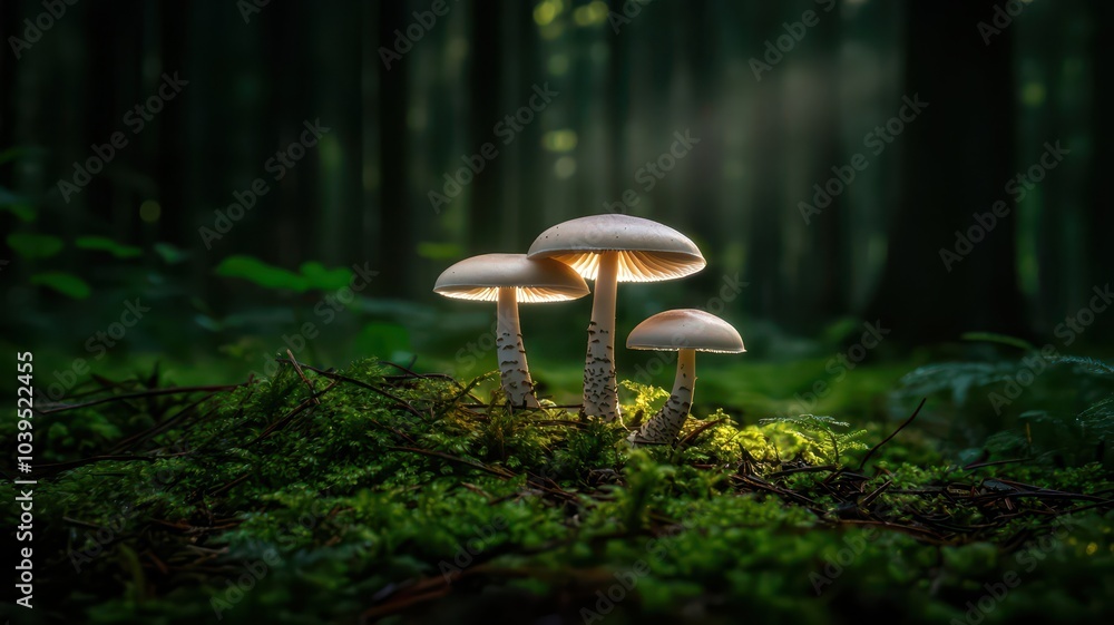 Fototapeta premium Mushroom family thriving in a dark forest, softly illuminated by gentle rays of light.
