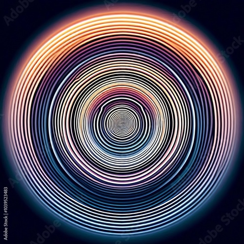 3D render of concentric circles swirling on a black background with blue light and motion