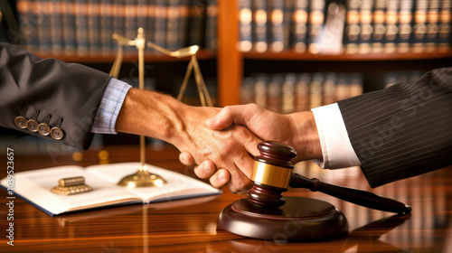 Wallpaper Mural professional handshake between lawyer and client signifies trust and agreement in legal setting, surrounded by law books and gavel Torontodigital.ca