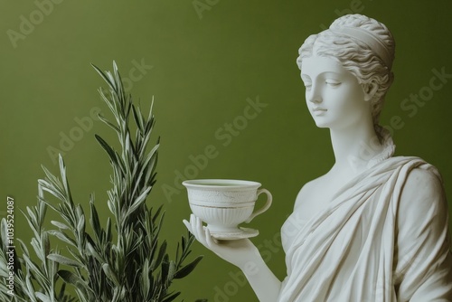 A classical-style statue holding an ornate teacup, complemented by lush leaves, set against a smooth green background, evoking a sense of serenity and gracefulness. photo