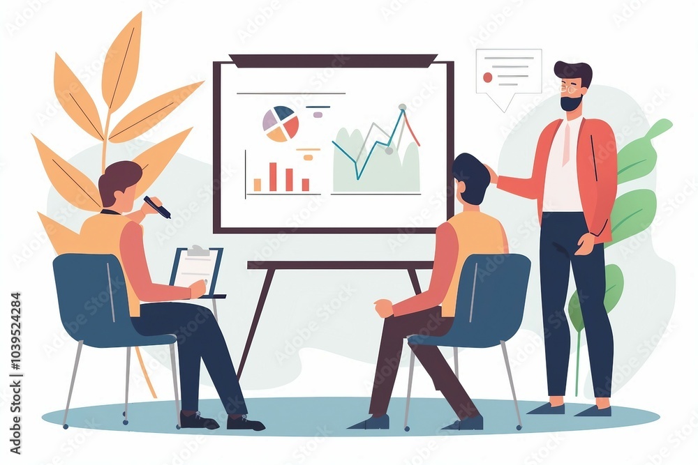Illustration of group of people sitting at a table in front of a whiteboard Illustration of group of people sitting at a table in front of a whiteboard