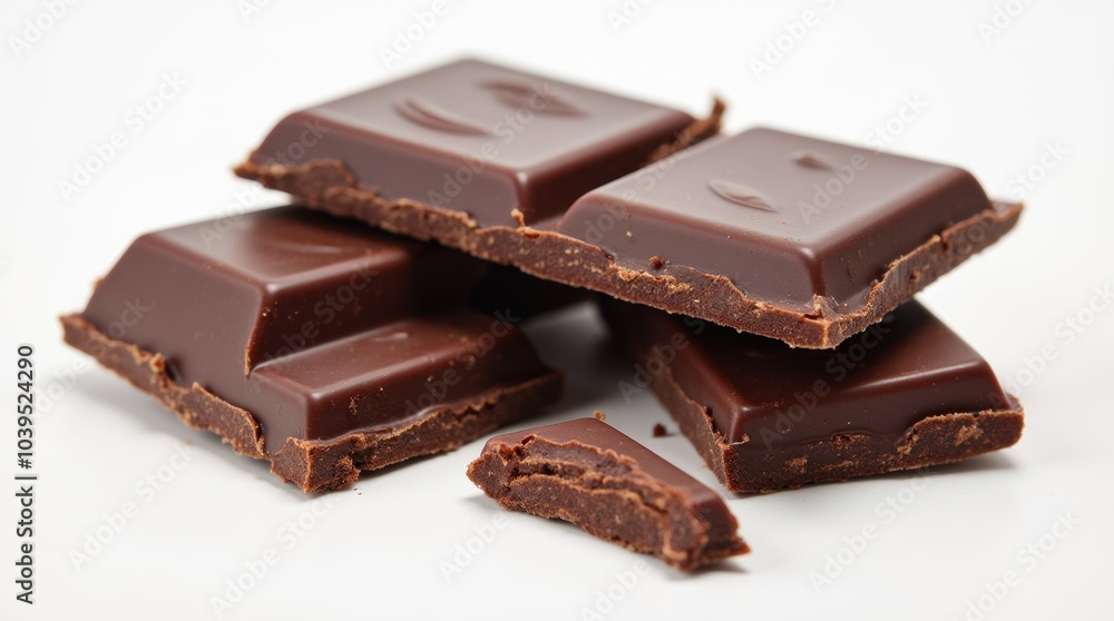 A rich dark chocolate bar broken into pieces, elegantly arranged on a plain white surface. The glossy texture of the chocolate glistens under soft lighting. A rich dark chocolate bar broken into pieces, elegantly arranged on a plain white surface. The glossy texture of the chocolate glistens under soft lighting.