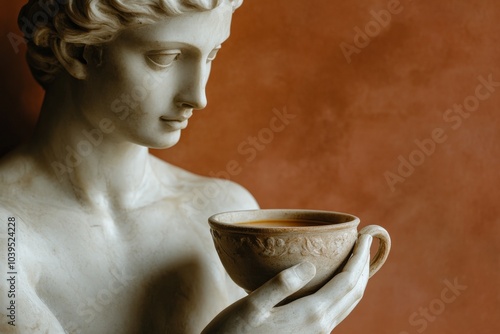 A classical marble statue is portrayed holding a detailed cup containing a warm liquid, symbolizing elegance, history, and moments of contemplation. photo