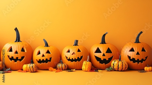 Three jack-o'-lanterns with carved faces sit among colorful autumn leaves on a bright yellow background.