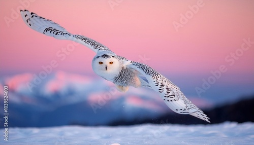 Snowy owl Bubo scandiacus hunting over a snow covered field in winter photo