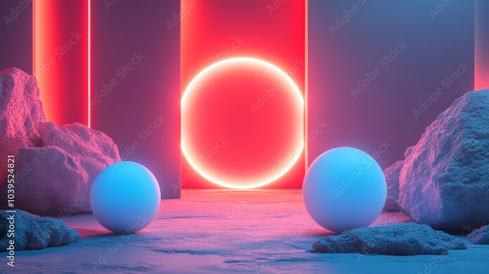 Minimalist Abstract Neon Circle Installation on Dark Concrete Platform Minimalist Abstract Neon Circle Installation on Dark Concrete Platform