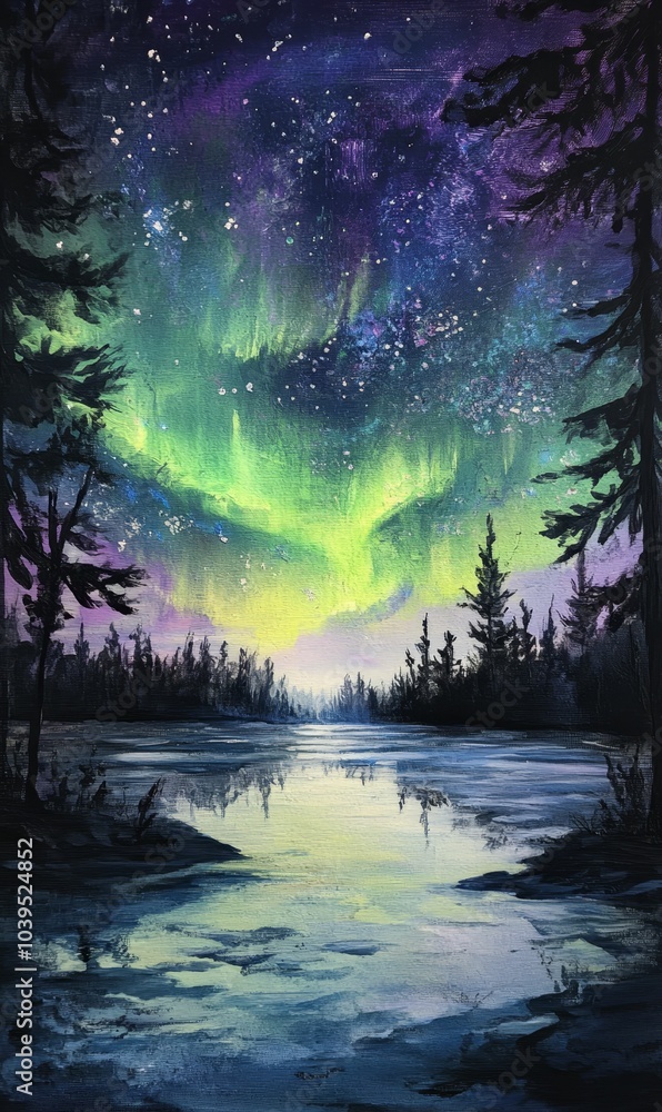 Night sky with aurora borealis over a lake. Night sky with aurora borealis over a lake.
