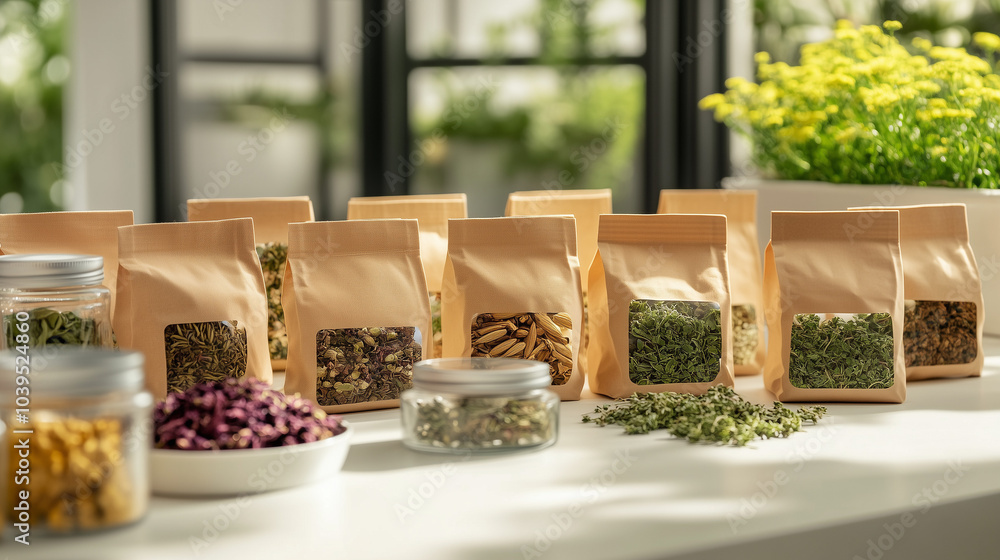 Obraz premium Torebki wypełnione ziołami. co pozwala skupić się na naturalnych produktach. Każdy element sugeruje holistyczne podejście do pielęgnacji, łącząc nowoczesność z naturą.