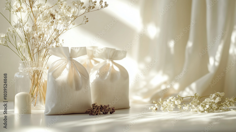 Obraz premium Torebki wypełnione ziołami. co pozwala skupić się na naturalnych produktach. Każdy element sugeruje holistyczne podejście do pielęgnacji, łącząc nowoczesność z naturą.