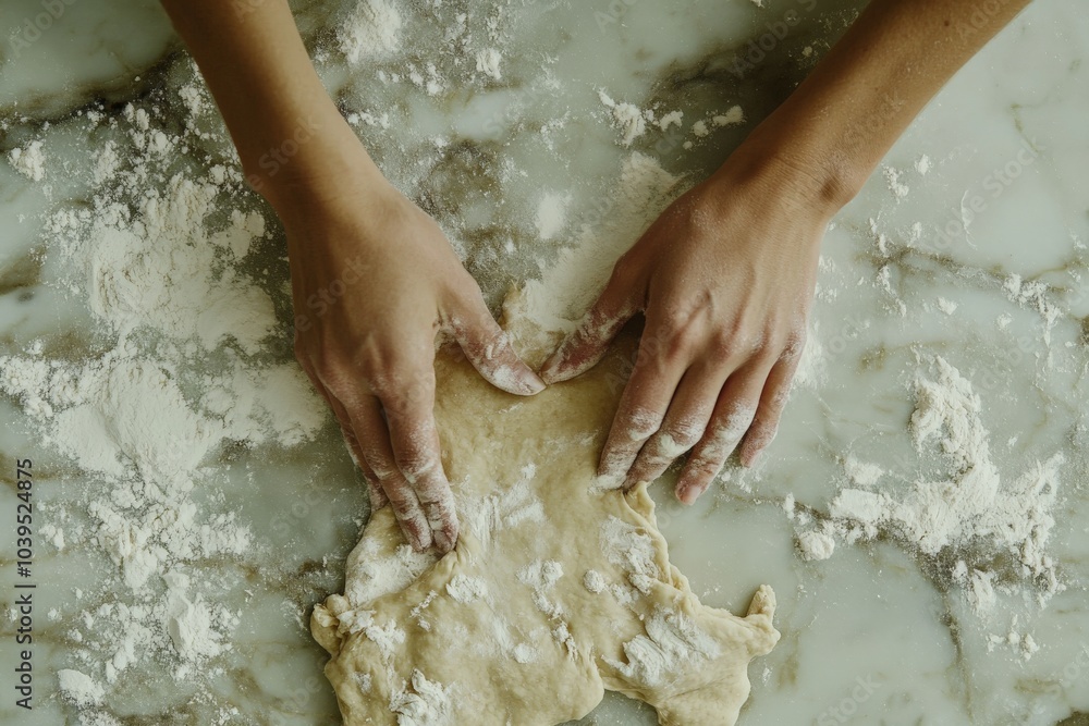 Skillful hands shape dough on a floured marble kitchen countertop, exemplifying the art of cooking, culinary tradition, and the tactile connection in home baking. Skillful hands shape dough on a floured marble kitchen countertop, exemplifying the art of cooking, culinary tradition, and the tactile connection in home baking.
