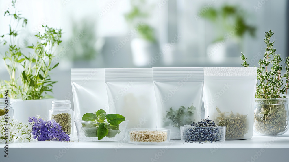 Obraz premium Torebki wypełnione ziołami. co pozwala skupić się na naturalnych produktach. Każdy element sugeruje holistyczne podejście do pielęgnacji, łącząc nowoczesność z naturą.