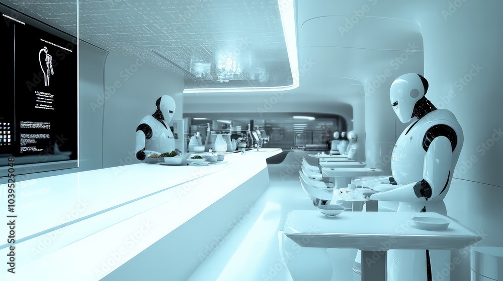 Futuristic restaurant with automated ordering systems, robotic chefs, and a minimalist design, showcasing the intersection of technology and dining experiences Futuristic restaurant with automated ordering systems, robotic chefs, and a minimalist design, showcasing the intersection of technology and dining experiences