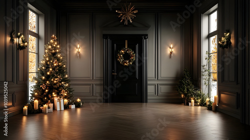 Wallpaper Mural A large room with a black door and a Christmas tree in the corner. The room is decorated with wreaths and candles Torontodigital.ca