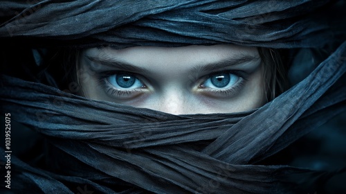  A tight shot of a woman's face with blue eyes concealed under a black fabric cloaking her head